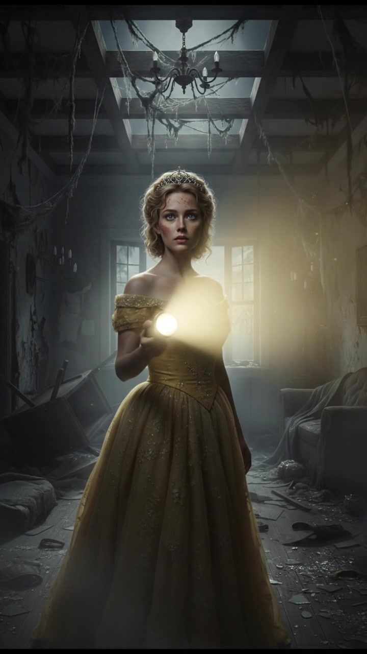 holding a flickering flashlight in an abandoned house, dust and cobwebs swirling in the air