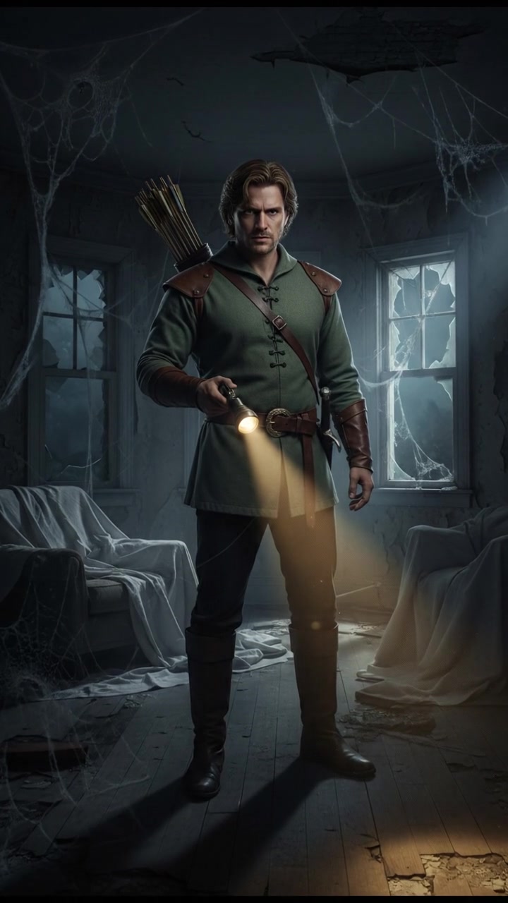 holding a flickering flashlight in an abandoned house, dust and cobwebs swirling in the air