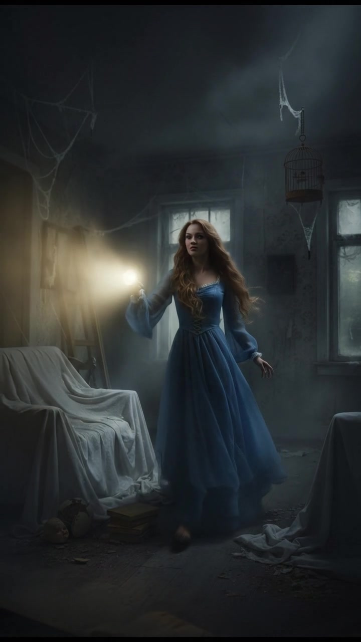 holding a flickering flashlight in an abandoned house, dust and cobwebs swirling in the air