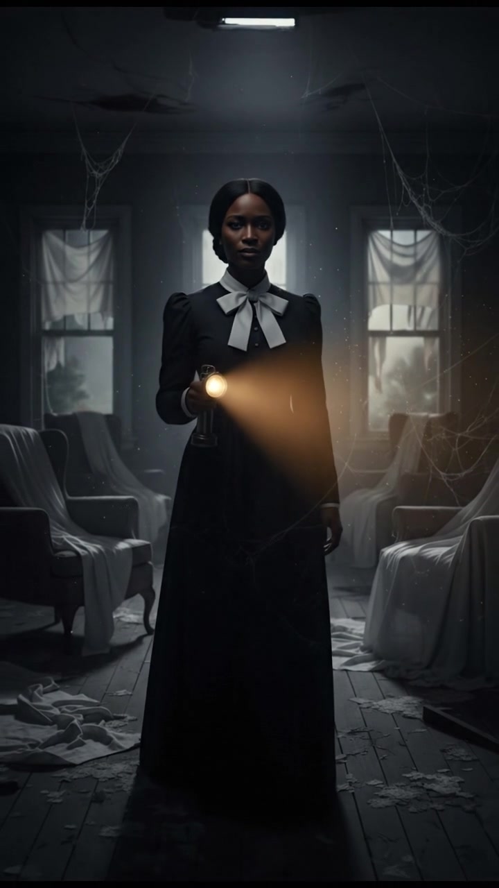 holding a flickering flashlight in an abandoned house, dust and cobwebs swirling in the air