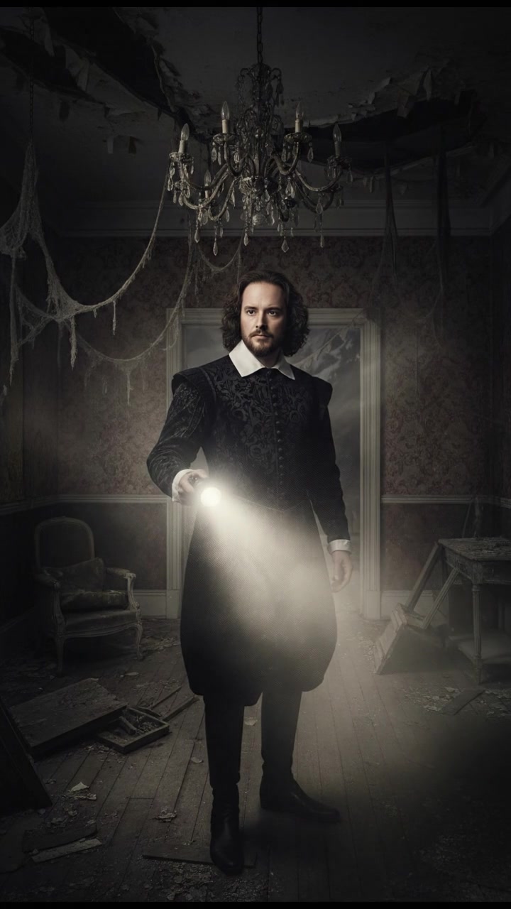 holding a flickering flashlight in an abandoned house, dust and cobwebs swirling in the air