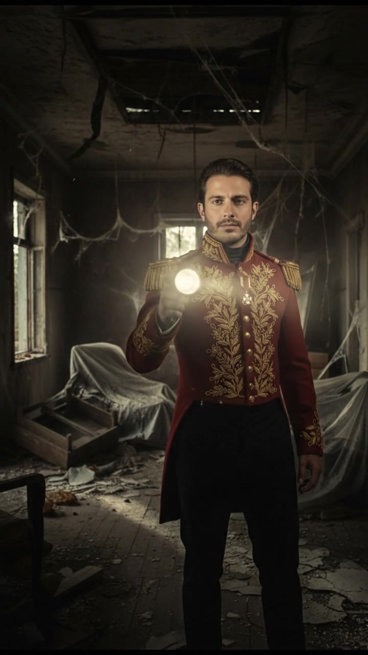 holding a flickering flashlight in an abandoned house, dust and cobwebs swirling in the air