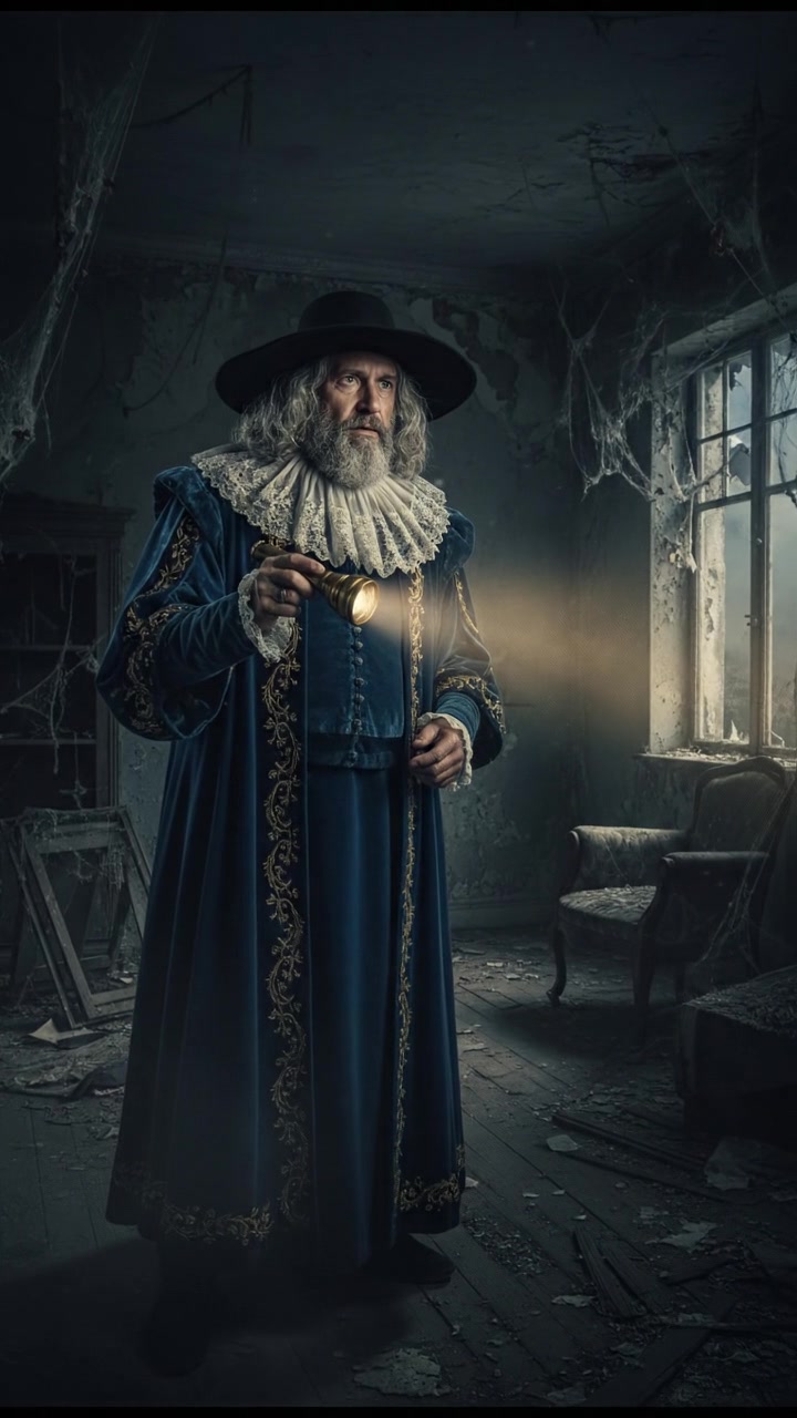 holding a flickering flashlight in an abandoned house, dust and cobwebs swirling in the air