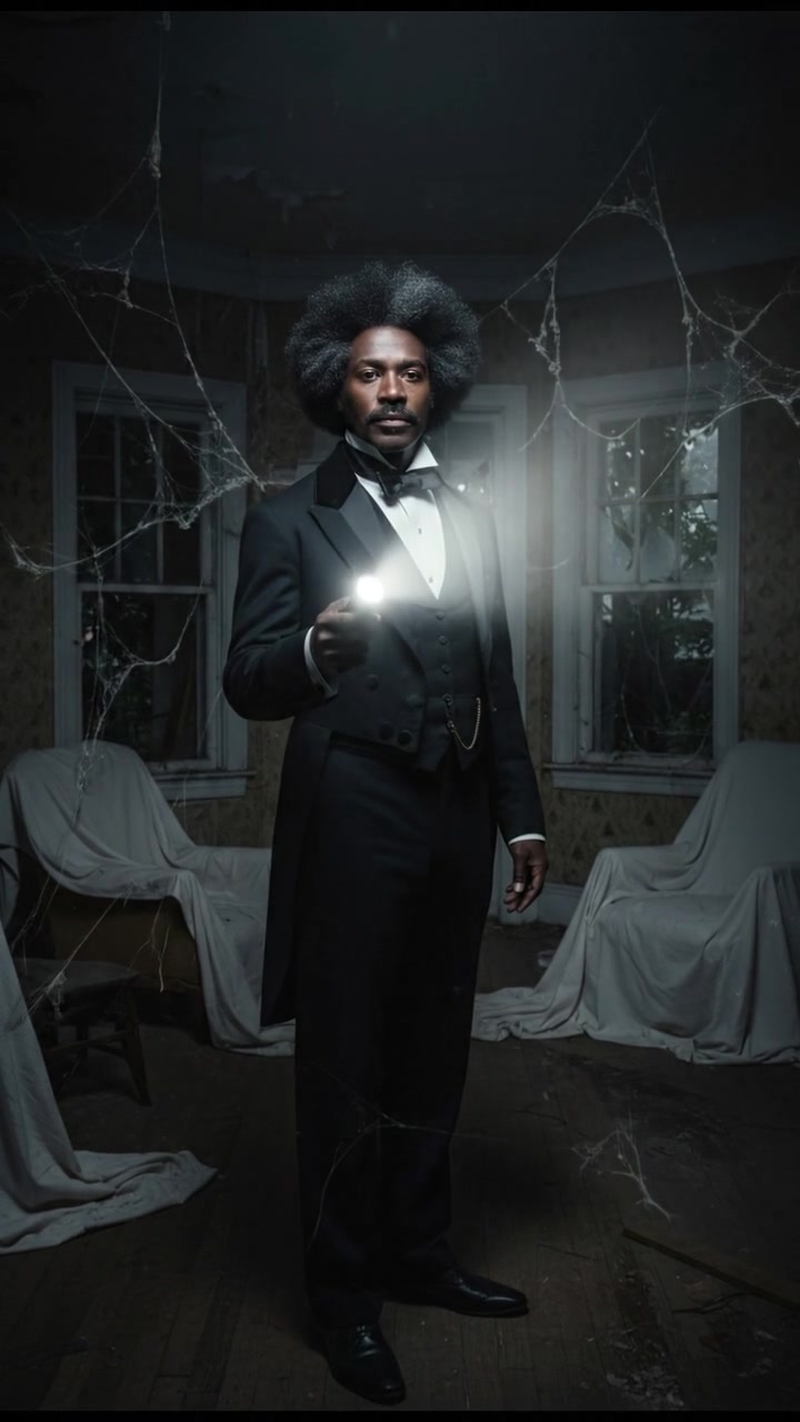 holding a flickering flashlight in an abandoned house, dust and cobwebs swirling in the air