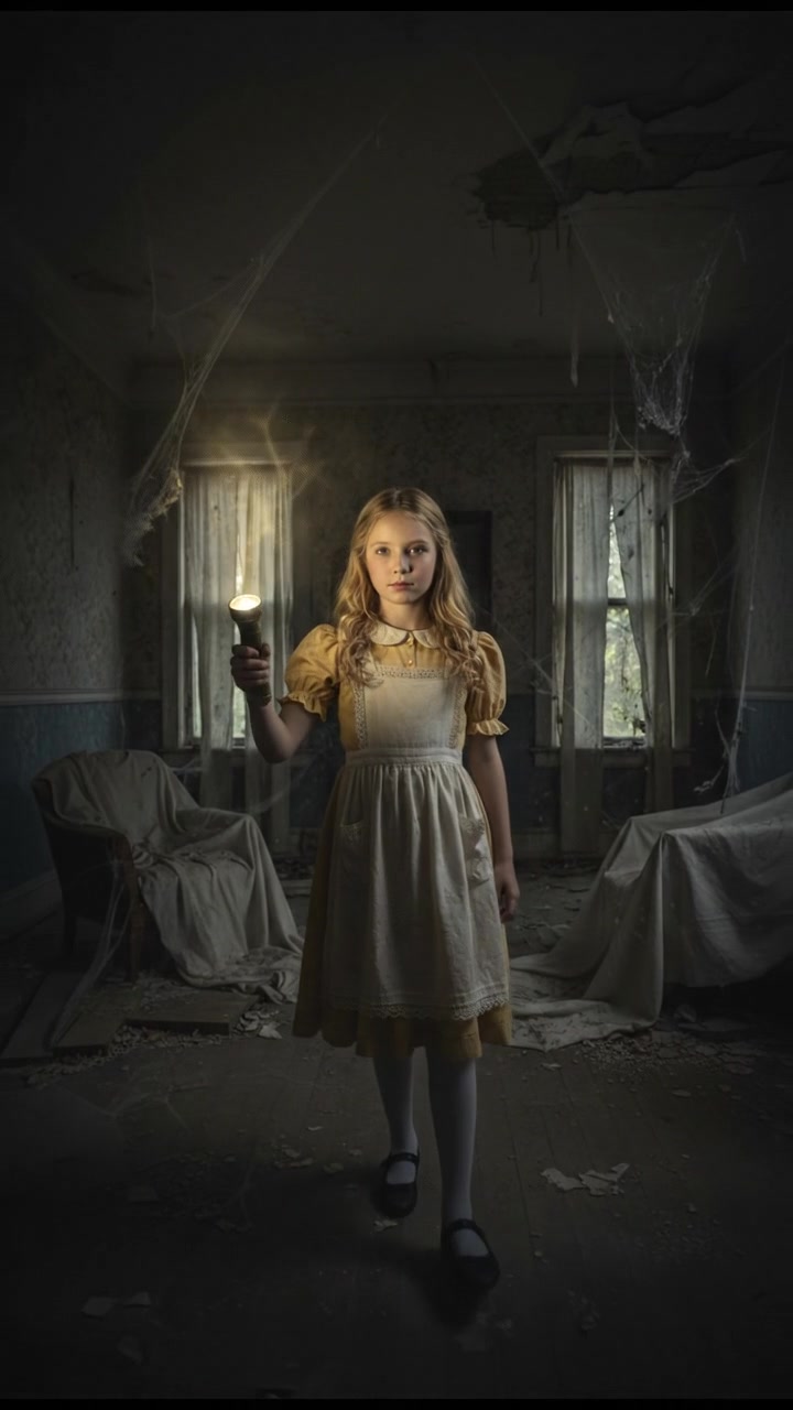 holding a flickering flashlight in an abandoned house, dust and cobwebs swirling in the air