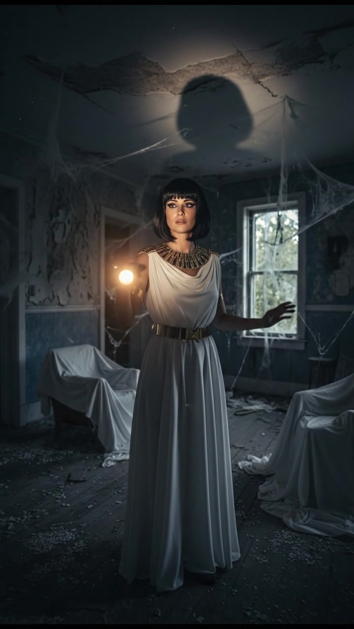 holding a flickering flashlight in an abandoned house, dust and cobwebs swirling in the air