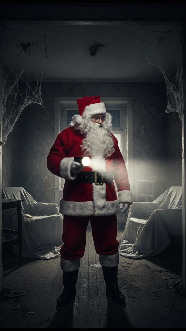 holding a flickering flashlight in an abandoned house, dust and cobwebs swirling in the air