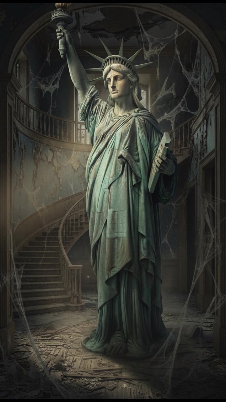 holding a flickering flashlight in an abandoned house, dust and cobwebs swirling in the air