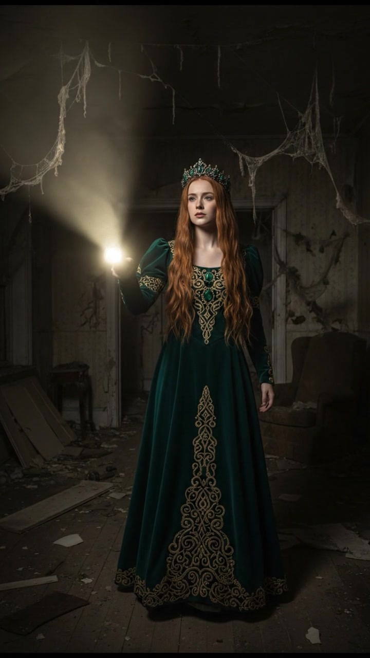 holding a flickering flashlight in an abandoned house, dust and cobwebs swirling in the air