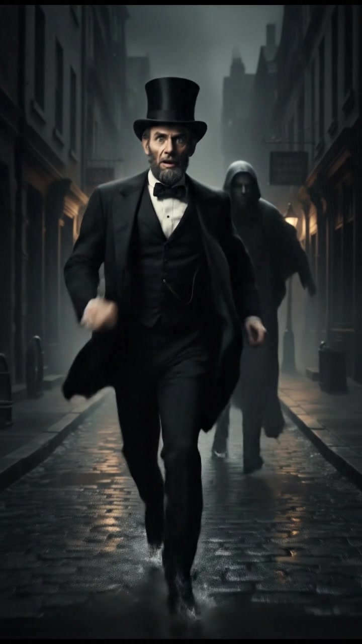 running from a mysterious figure through rain-soaked streets, motion blur and fear on their face