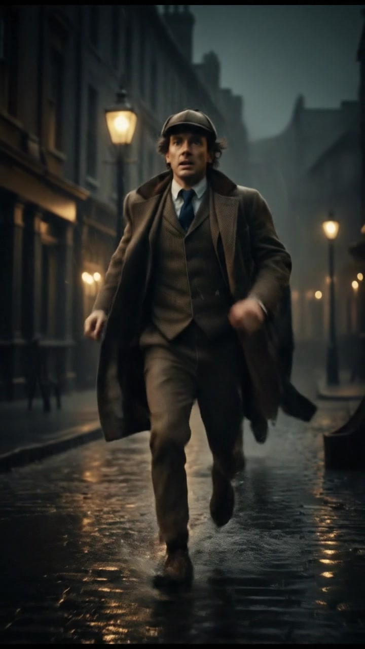 running from a mysterious figure through rain-soaked streets, motion blur and fear on their face