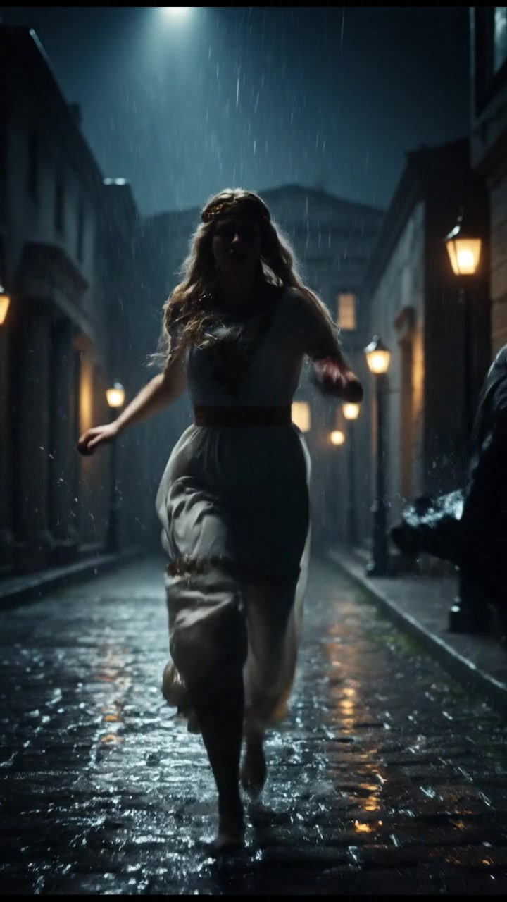 running from a mysterious figure through rain-soaked streets, motion blur and fear on their face