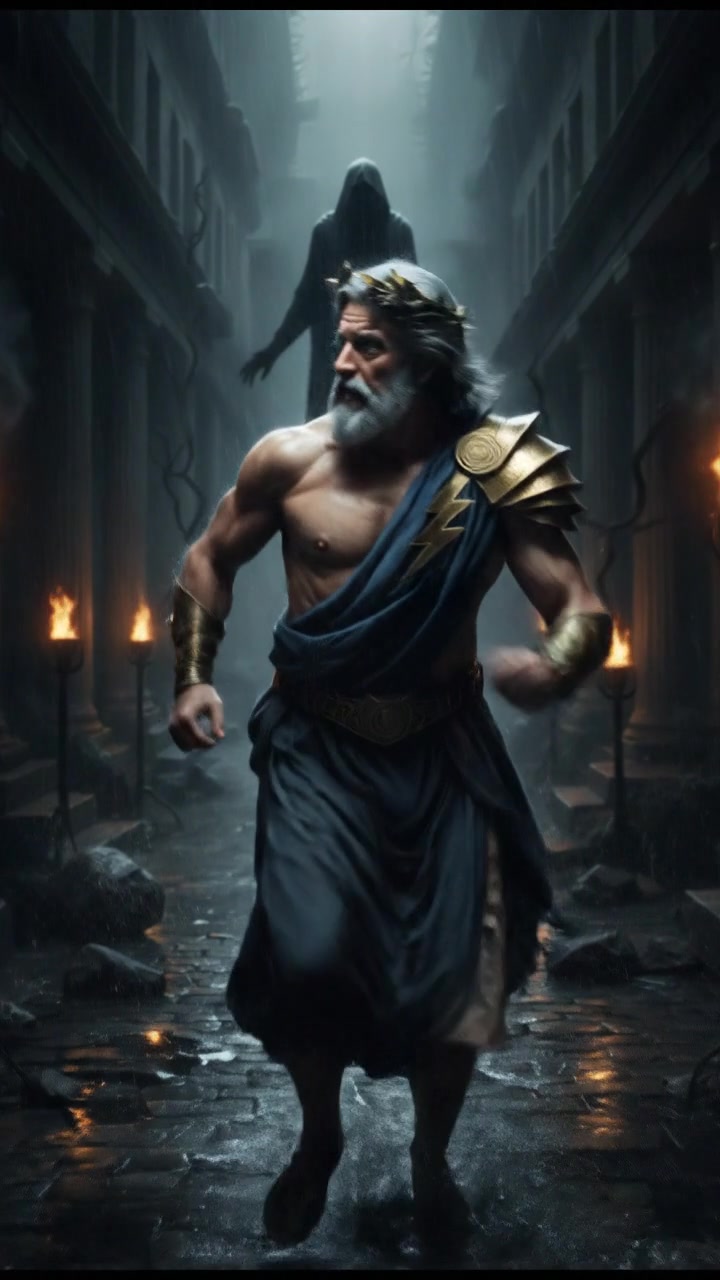 running from a mysterious figure through rain-soaked streets, motion blur and fear on their face