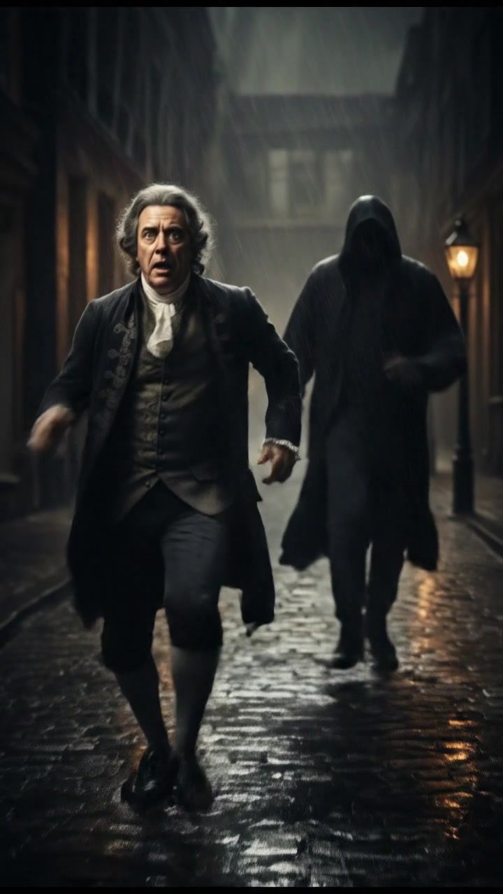 running from a mysterious figure through rain-soaked streets, motion blur and fear on their face