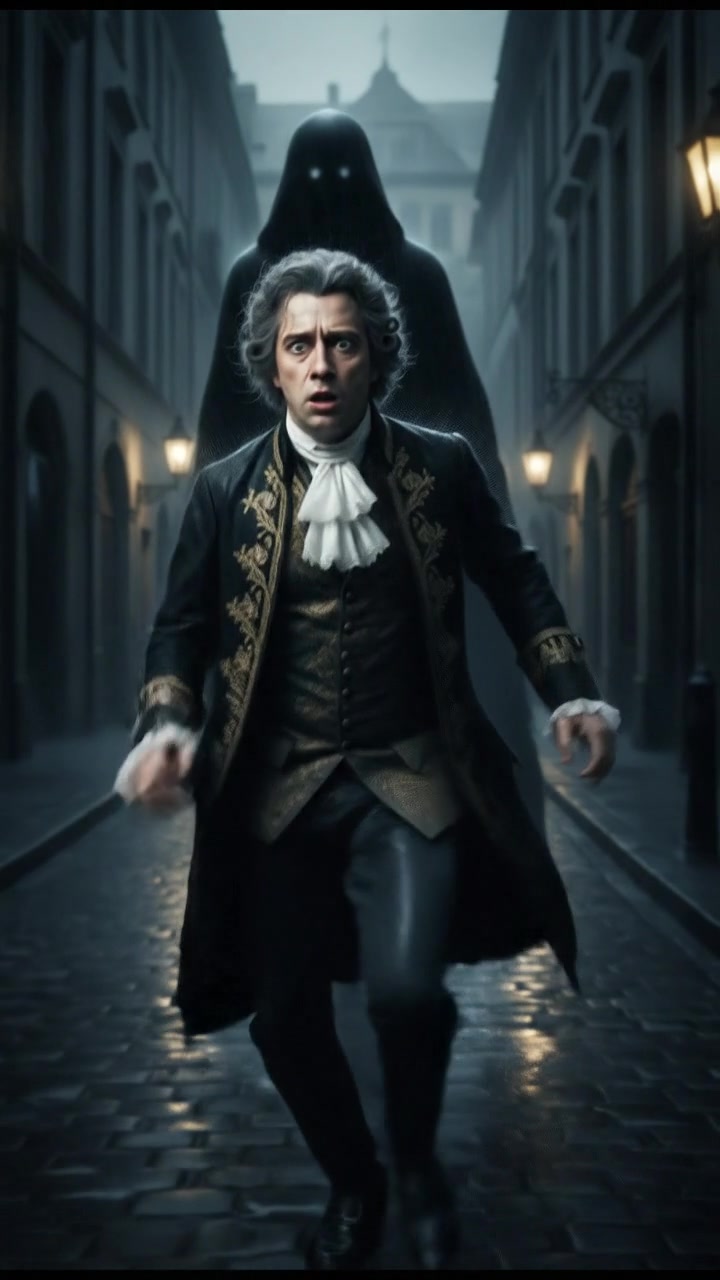 running from a mysterious figure through rain-soaked streets, motion blur and fear on their face