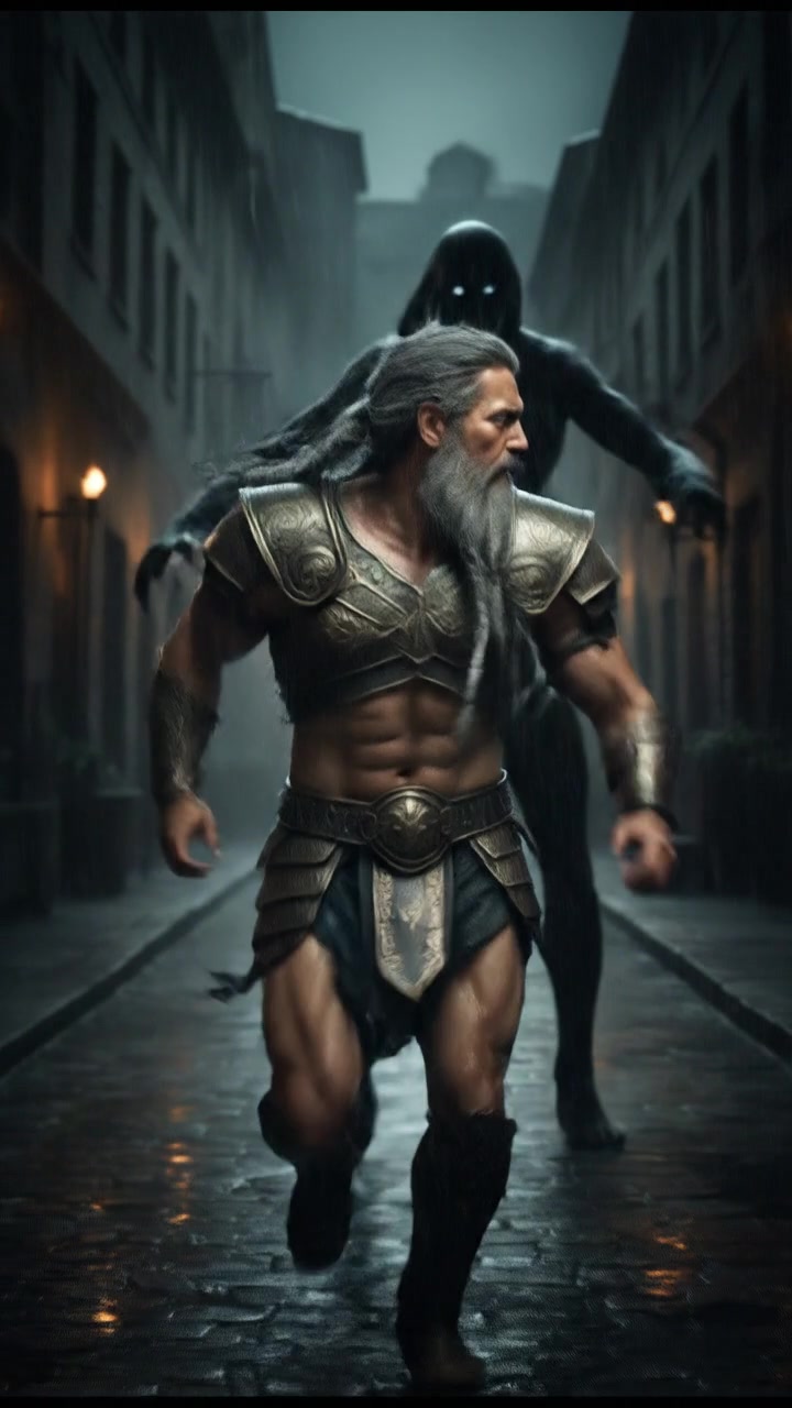 running from a mysterious figure through rain-soaked streets, motion blur and fear on their face