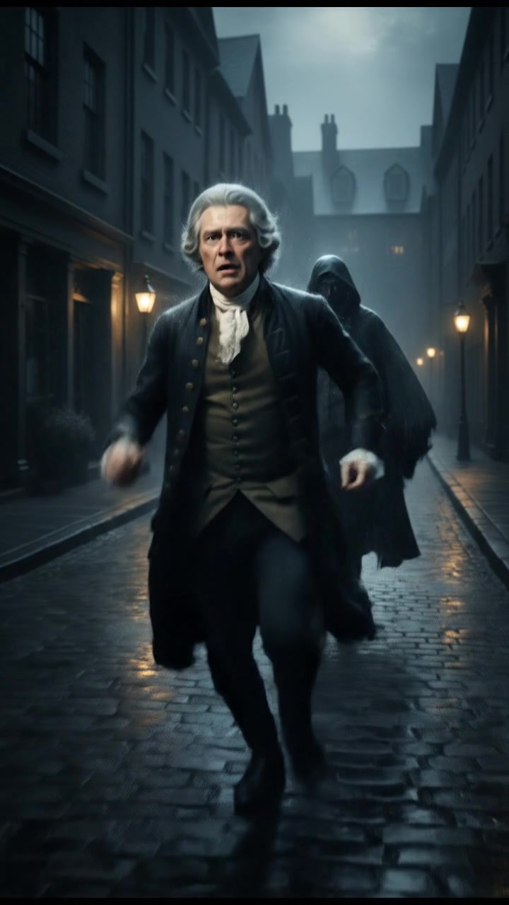 running from a mysterious figure through rain-soaked streets, motion blur and fear on their face