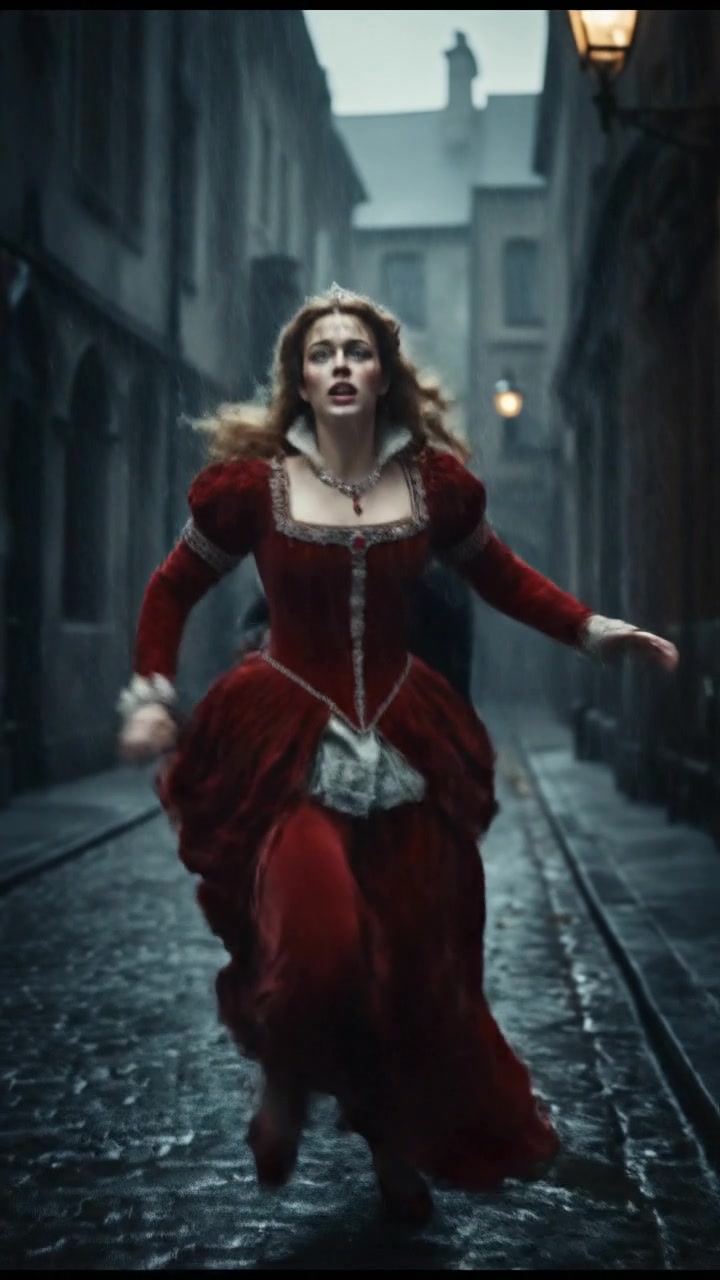 running from a mysterious figure through rain-soaked streets, motion blur and fear on their face