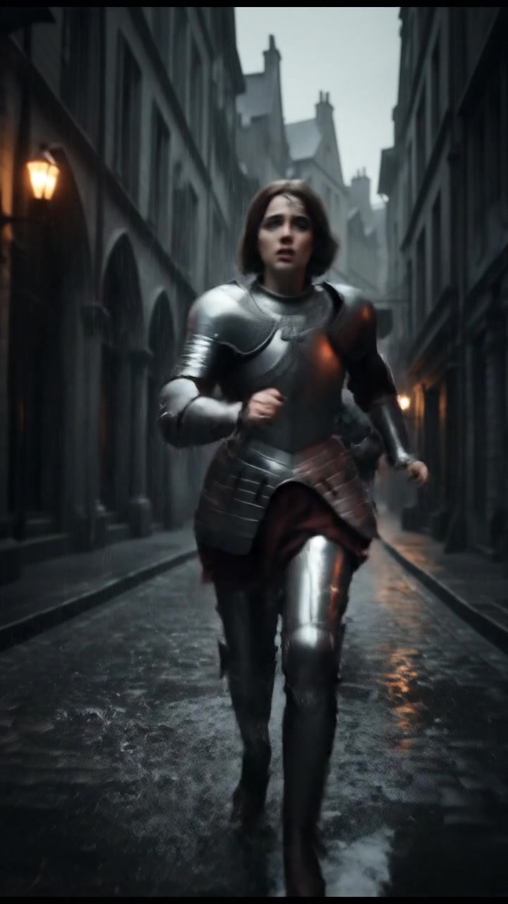 running from a mysterious figure through rain-soaked streets, motion blur and fear on their face