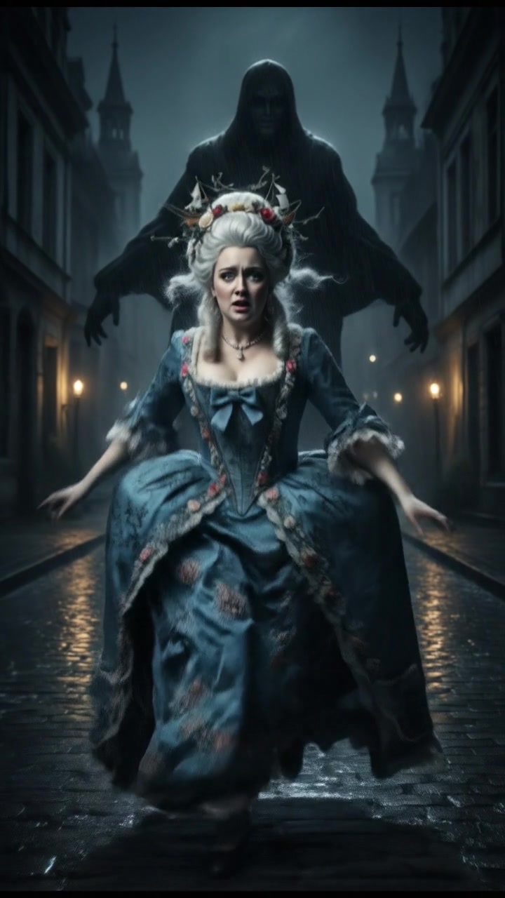 running from a mysterious figure through rain-soaked streets, motion blur and fear on their face