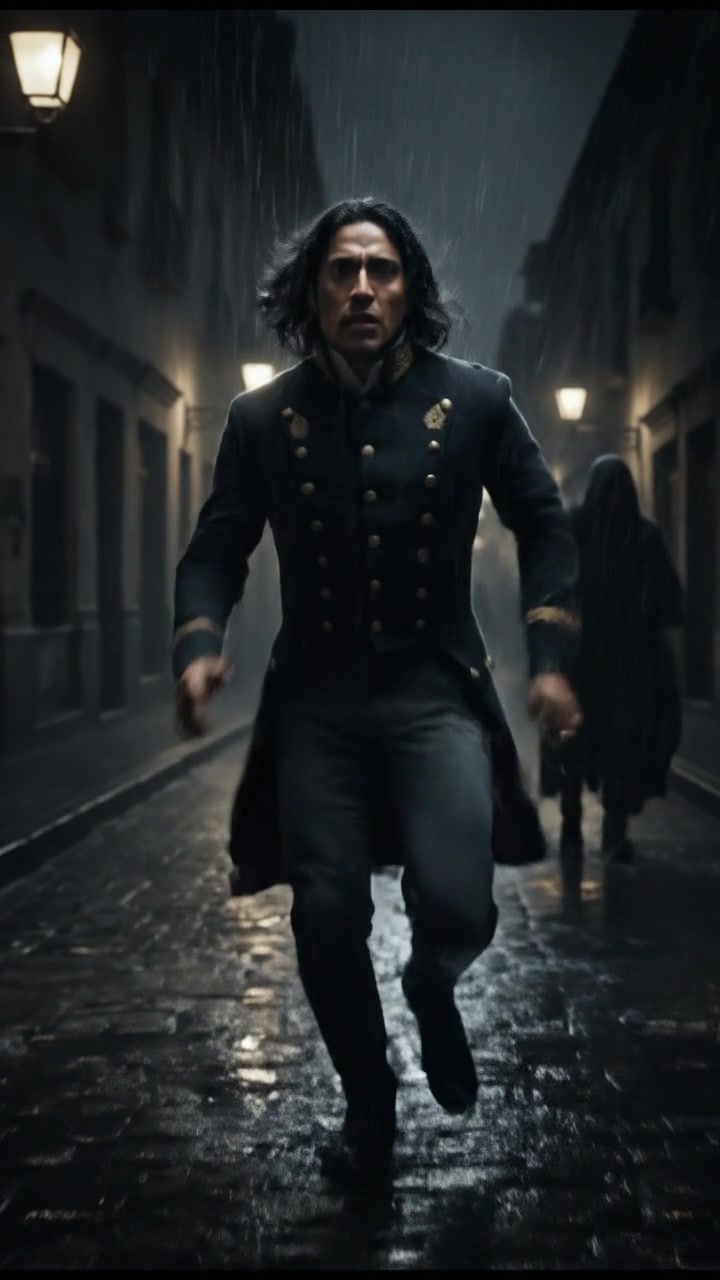 running from a mysterious figure through rain-soaked streets, motion blur and fear on their face