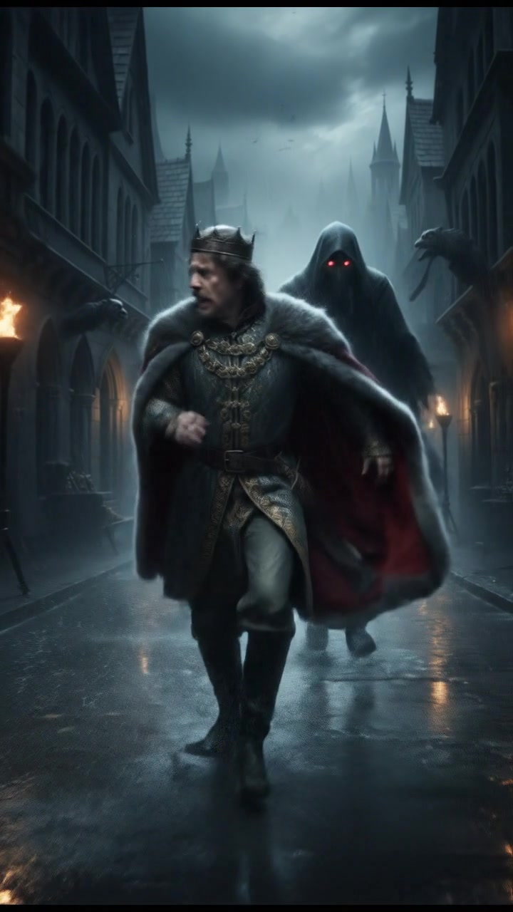 running from a mysterious figure through rain-soaked streets, motion blur and fear on their face