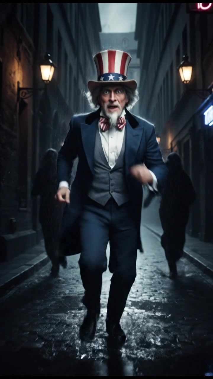 running from a mysterious figure through rain-soaked streets, motion blur and fear on their face