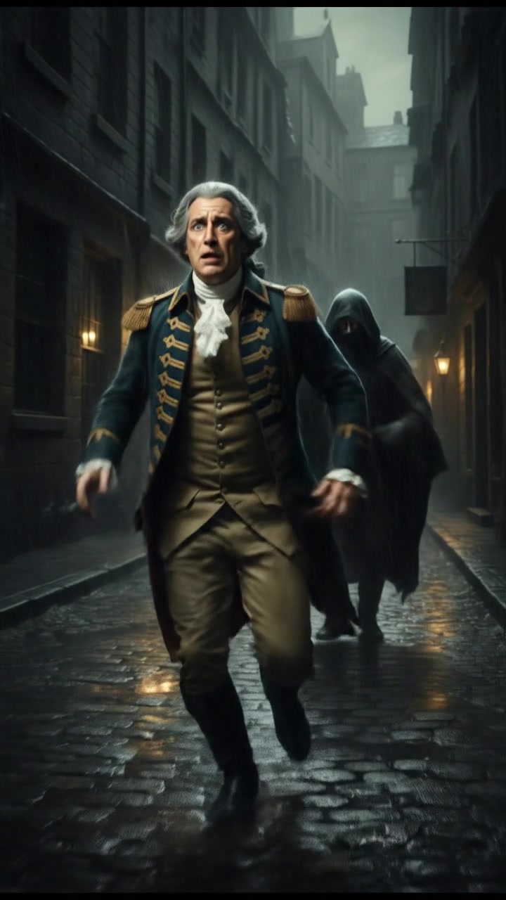 running from a mysterious figure through rain-soaked streets, motion blur and fear on their face