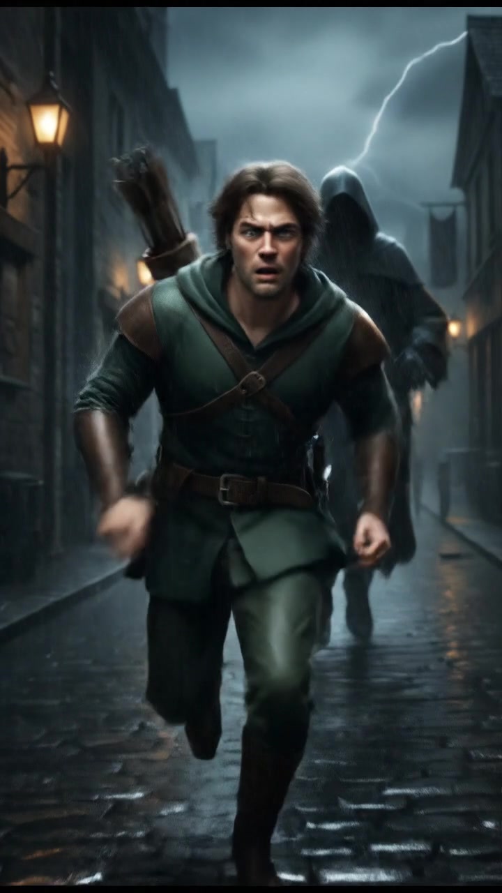 running from a mysterious figure through rain-soaked streets, motion blur and fear on their face