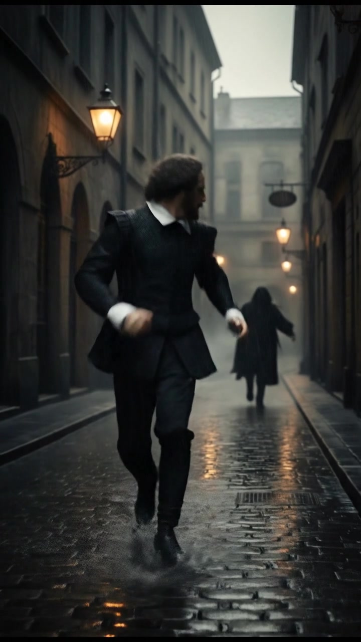 running from a mysterious figure through rain-soaked streets, motion blur and fear on their face