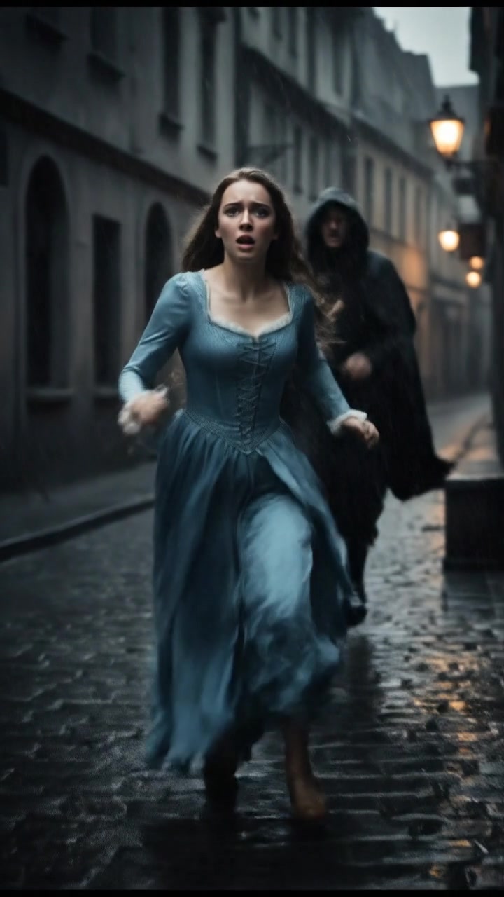 running from a mysterious figure through rain-soaked streets, motion blur and fear on their face