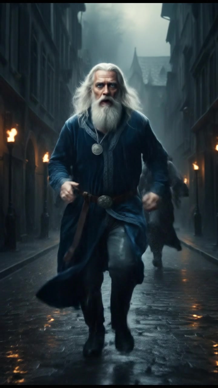 running from a mysterious figure through rain-soaked streets, motion blur and fear on their face