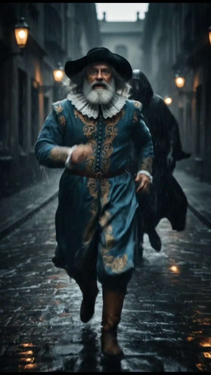 running from a mysterious figure through rain-soaked streets, motion blur and fear on their face