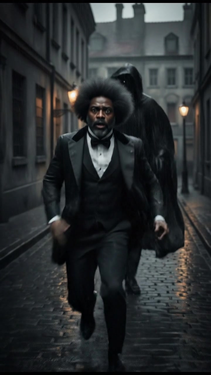 running from a mysterious figure through rain-soaked streets, motion blur and fear on their face