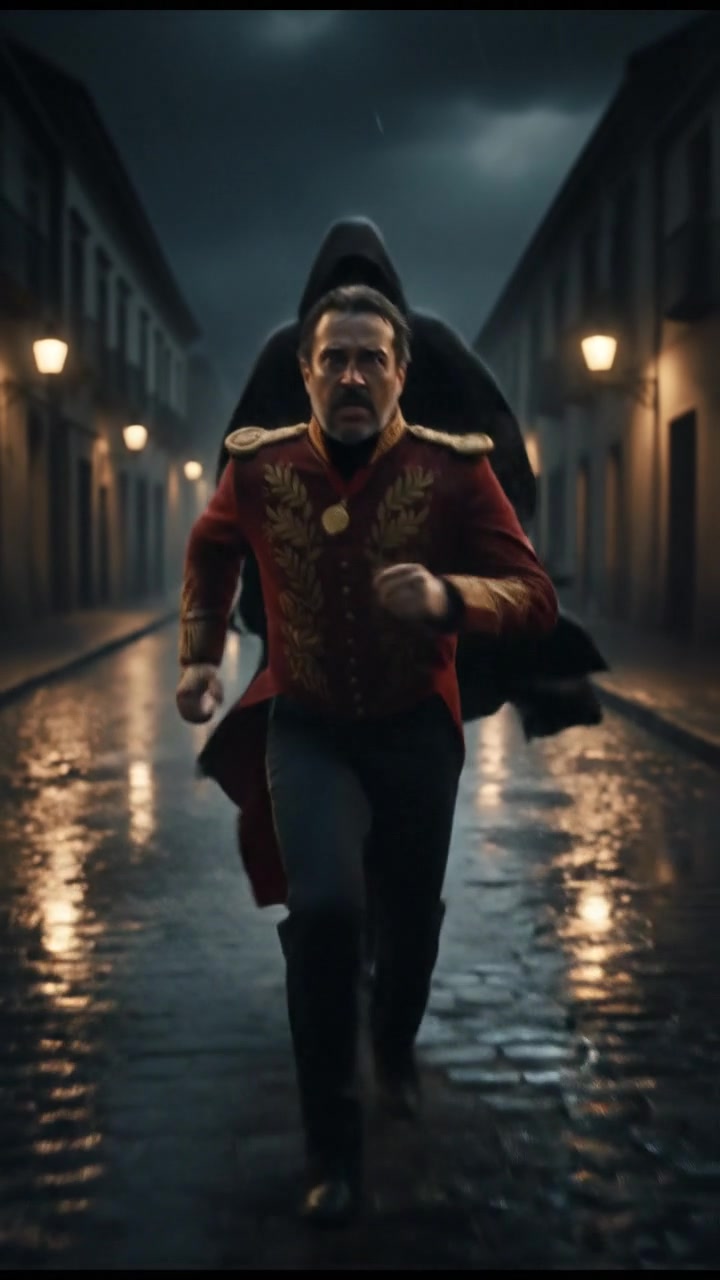 running from a mysterious figure through rain-soaked streets, motion blur and fear on their face