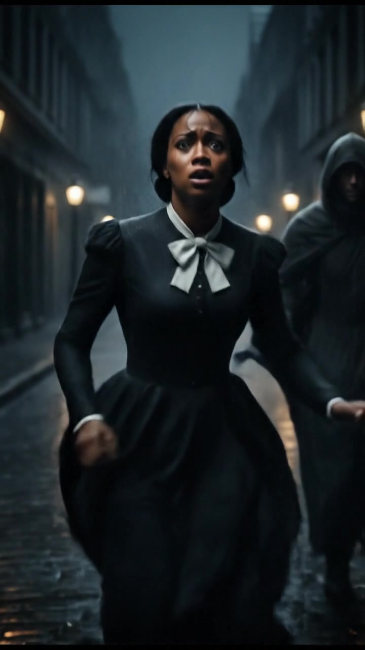 running from a mysterious figure through rain-soaked streets, motion blur and fear on their face