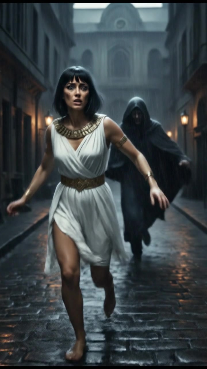 running from a mysterious figure through rain-soaked streets, motion blur and fear on their face