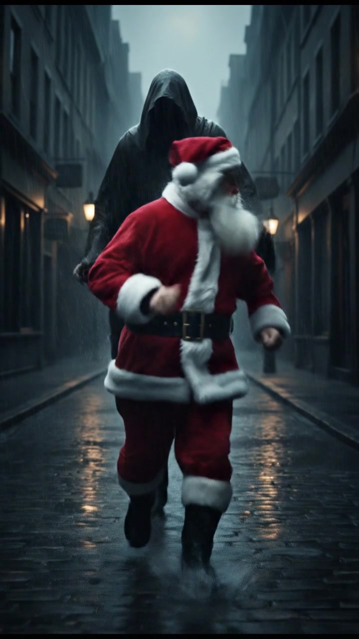 running from a mysterious figure through rain-soaked streets, motion blur and fear on their face