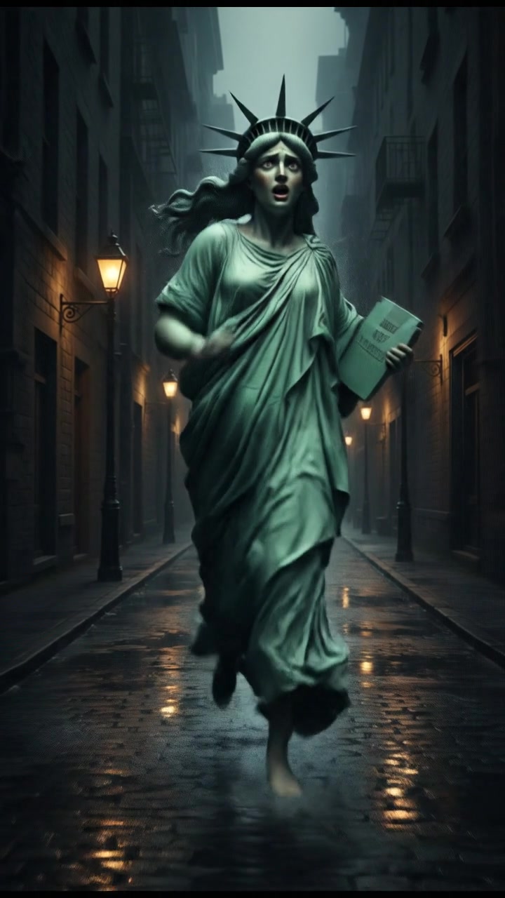 running from a mysterious figure through rain-soaked streets, motion blur and fear on their face