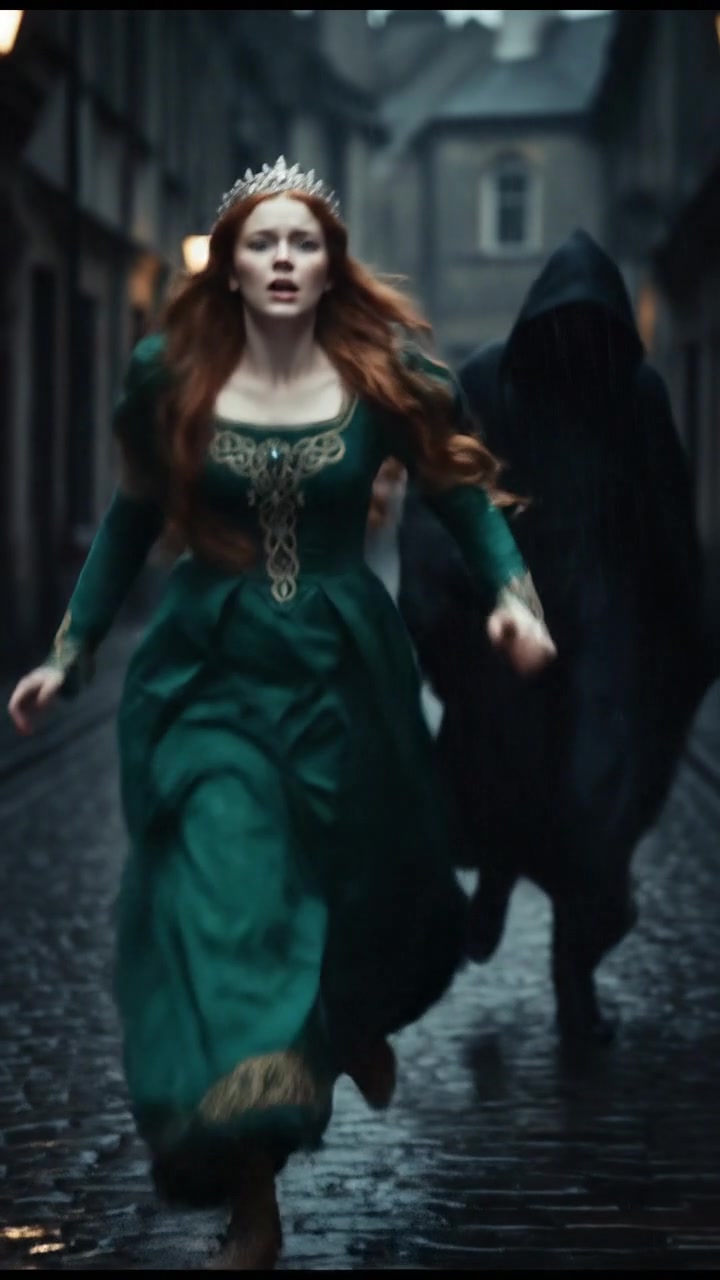 running from a mysterious figure through rain-soaked streets, motion blur and fear on their face