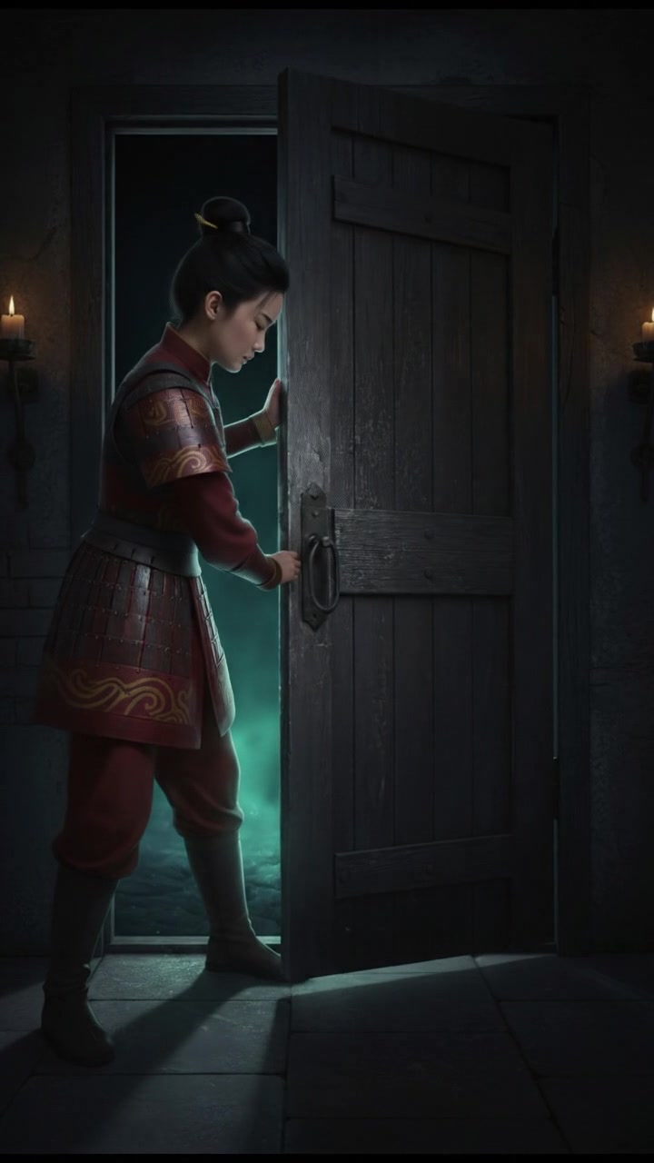 slowly opening a creaking door to a dark basement, eerie glow coming from below