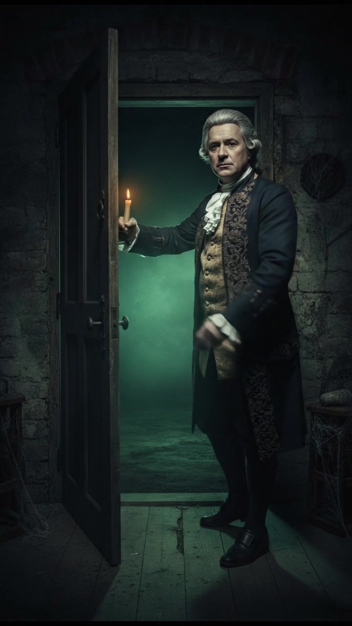 slowly opening a creaking door to a dark basement, eerie glow coming from below