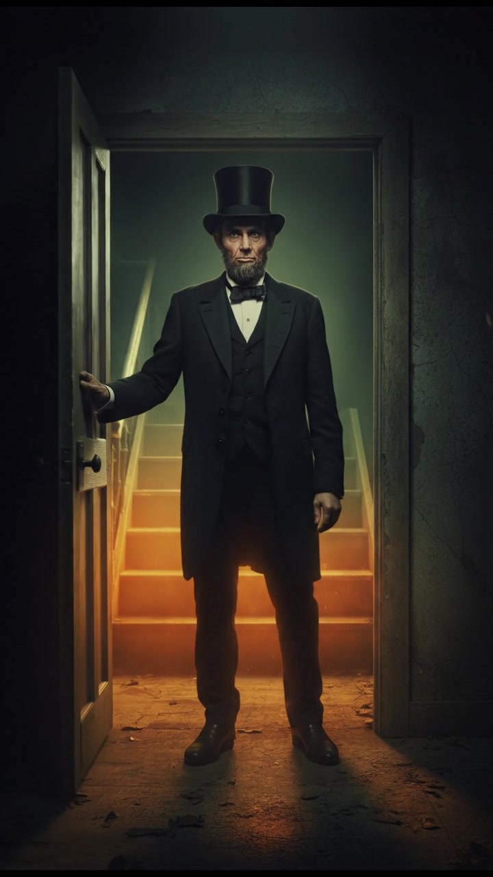 slowly opening a creaking door to a dark basement, eerie glow coming from below