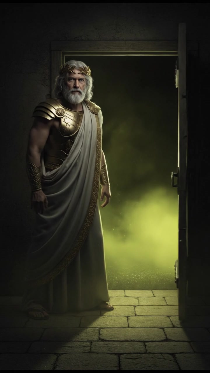 slowly opening a creaking door to a dark basement, eerie glow coming from below