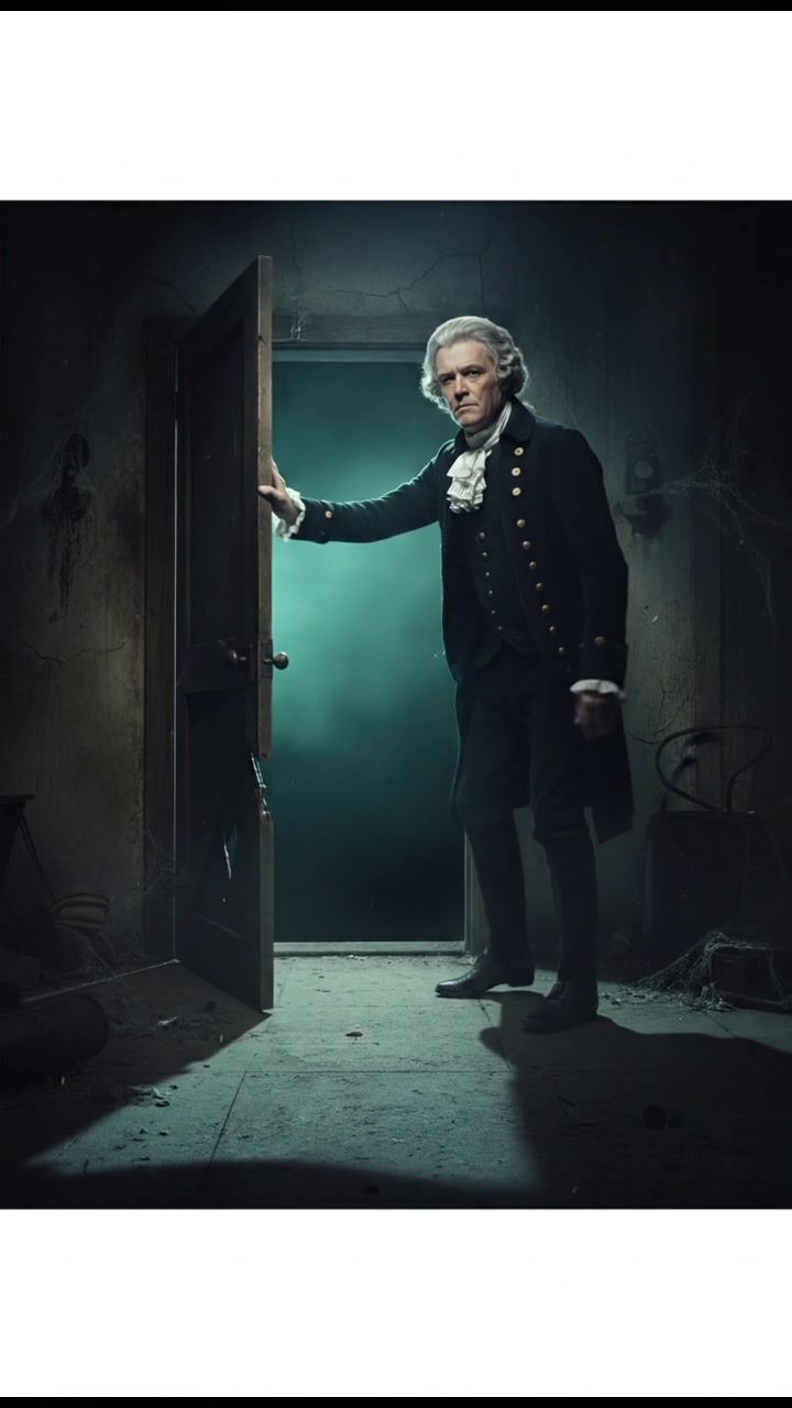 slowly opening a creaking door to a dark basement, eerie glow coming from below