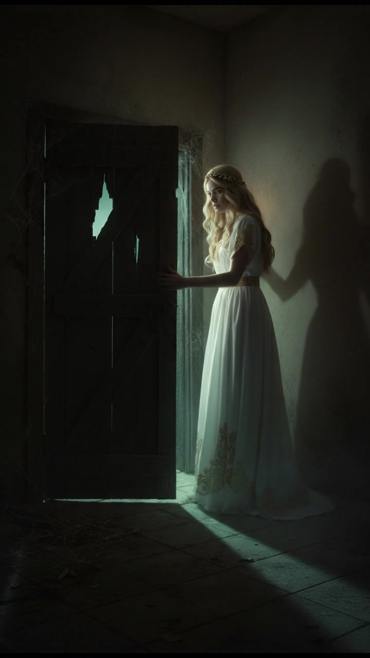 slowly opening a creaking door to a dark basement, eerie glow coming from below