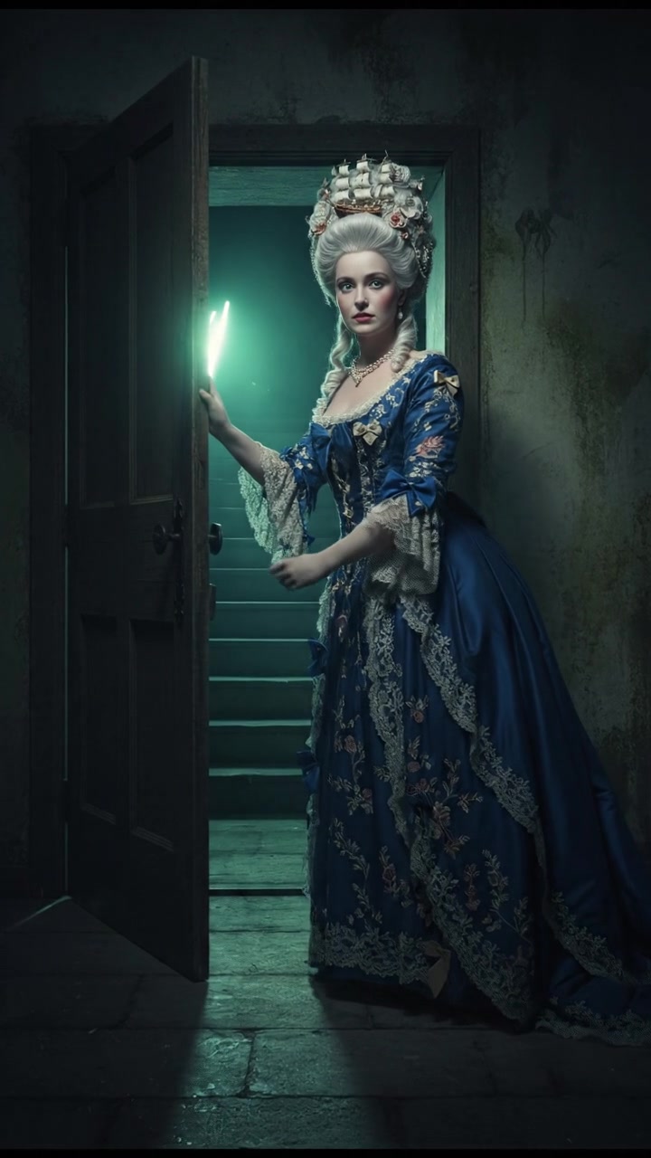 slowly opening a creaking door to a dark basement, eerie glow coming from below