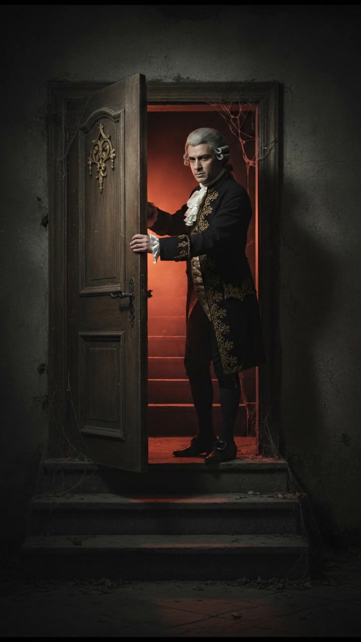 slowly opening a creaking door to a dark basement, eerie glow coming from below