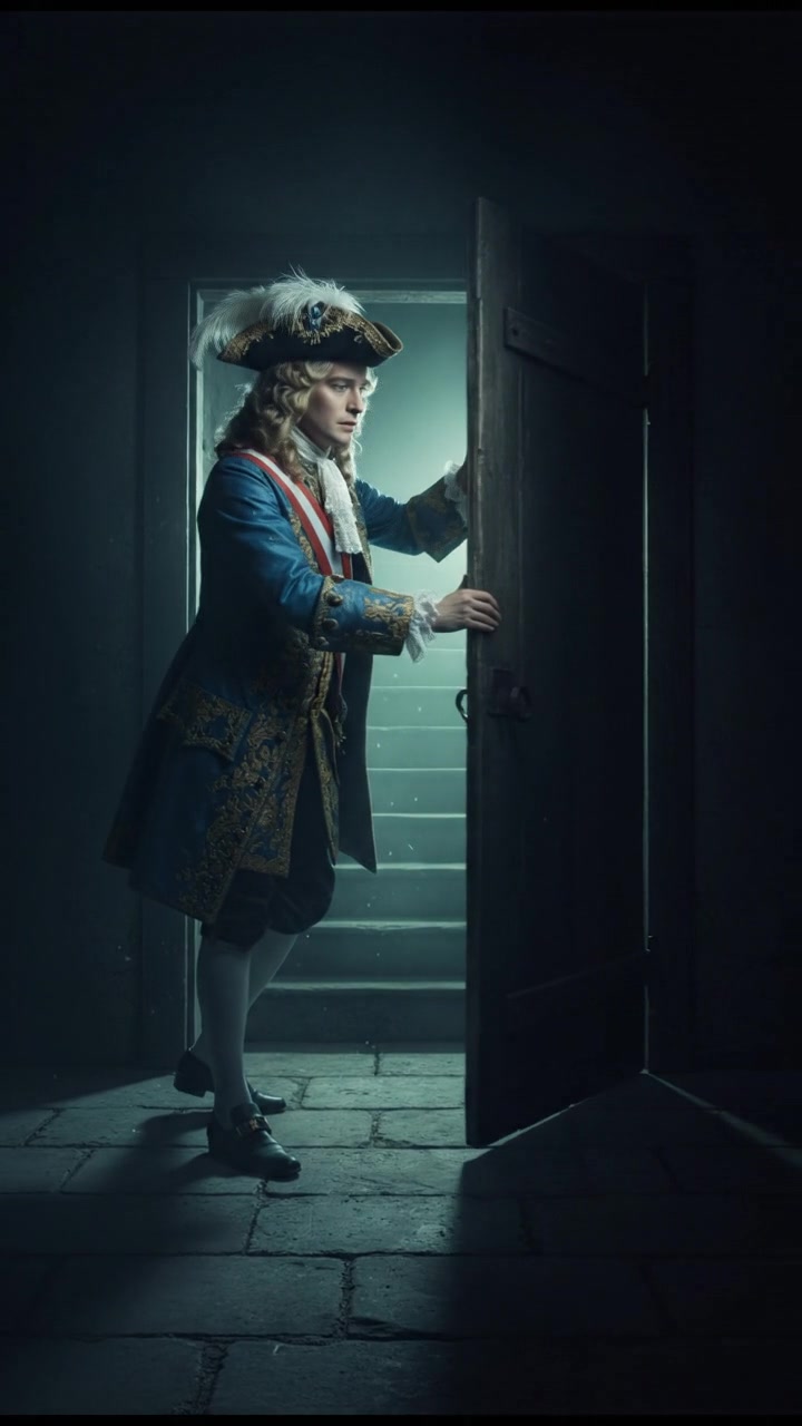 slowly opening a creaking door to a dark basement, eerie glow coming from below