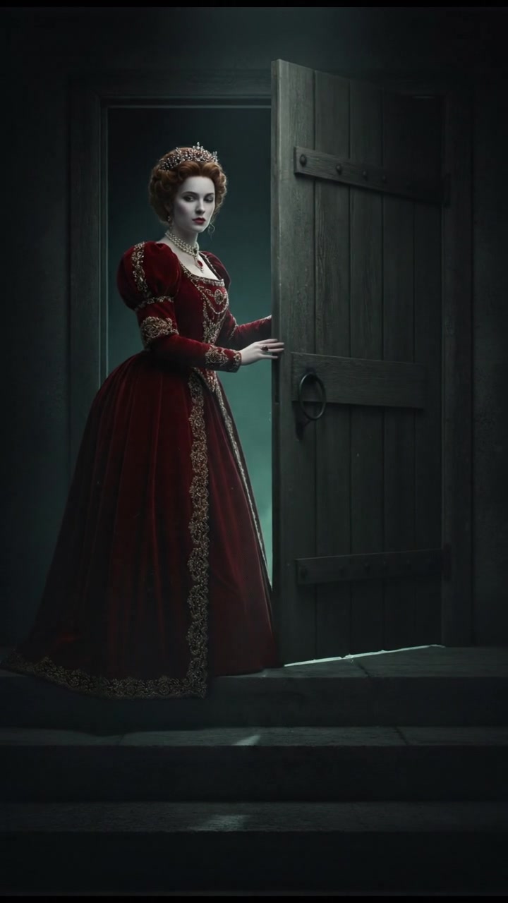 slowly opening a creaking door to a dark basement, eerie glow coming from below